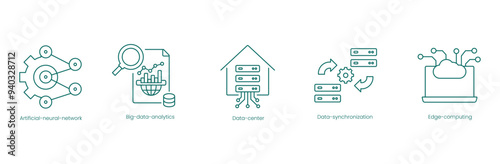 Data and AI Infrastructure Vector Icons: Neural Networks, Big Data Analytics, Data Center, Data Synchronization, Edge Computing