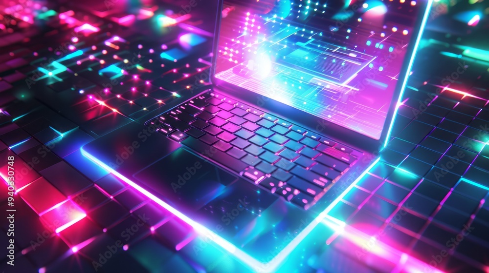 Futuristic technology concept featuring a laptop with neon colors and digital design elements, ideal for modern tech illustrations and innovations Futuristic technology concept featuring a laptop with neon colors and digital design elements, ideal for modern tech illustrations and innovations