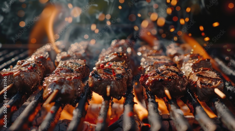 Grilled skewers lying on a barbecue grill with hot coals over a small fire. AI generated images Grilled skewers lying on a barbecue grill with hot coals over a small fire. AI generated images