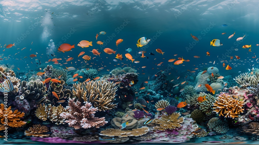 Obraz premium Vibrant underwater scene showcasing thriving coral reef ecosystem with diverse marine life for highlighting ocean biodiversity and natural aquatic beauty concept.