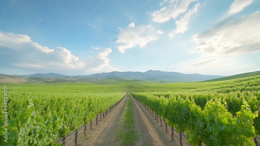 Naklejka premium A long row of grape vines with a clear blue sky in the background
