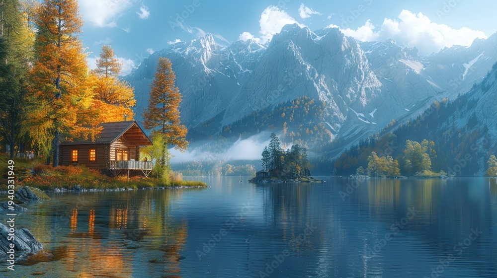 Fototapeta premium Scenic mountain cabin by a calm lake with autumn trees and a misty atmosphere.