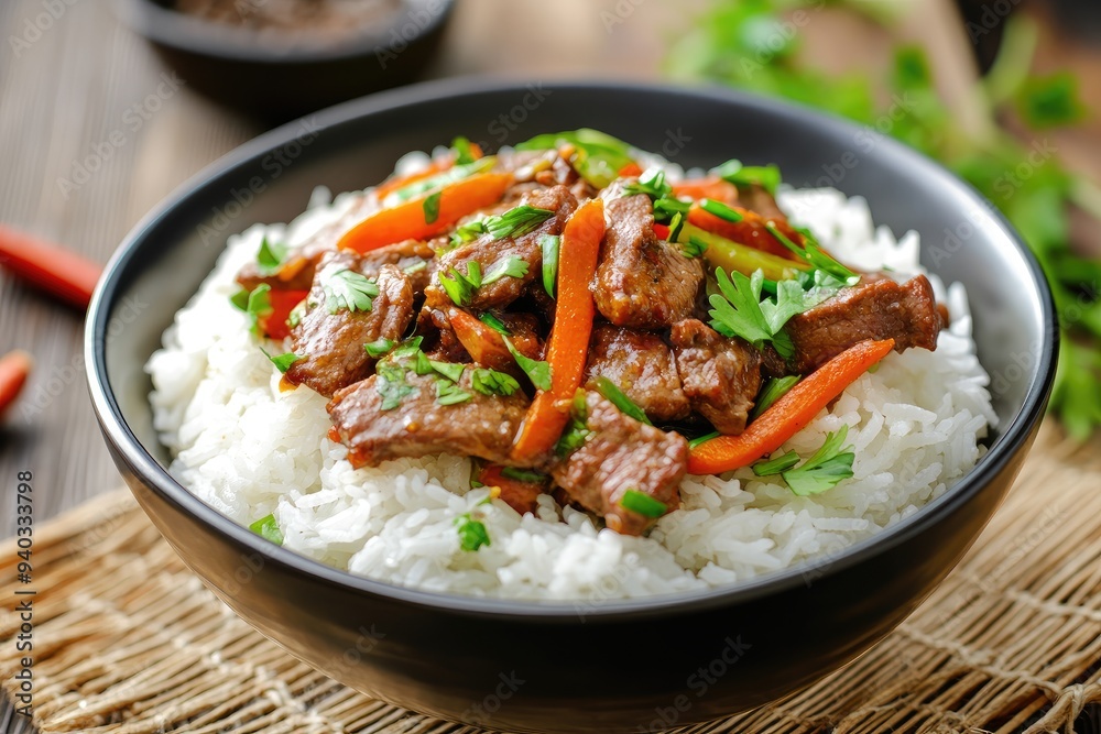 Beef and Carrot Stir-Fry Served over White Rice in a Black Bowl