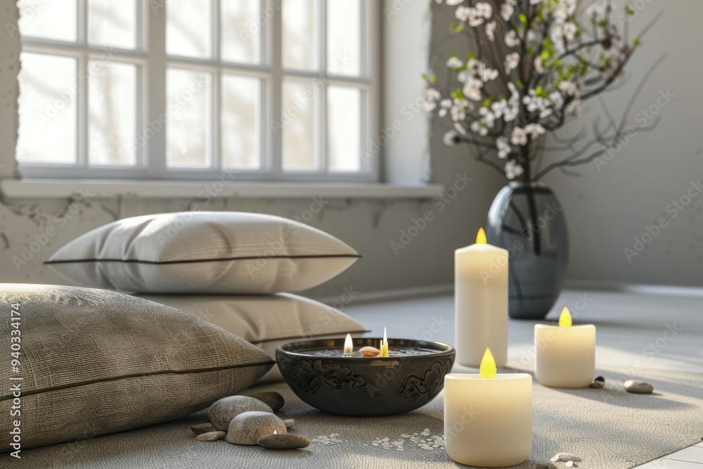 Minimalist meditation space with cushions, candles, and a window. Zen interior and wellness concept. Minimalist meditation space with cushions, candles, and a window. Zen interior and wellness concept.