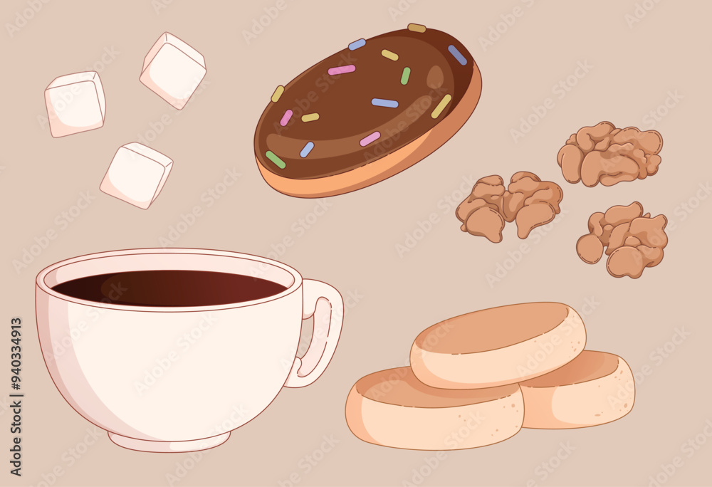 Coffee and sweets set isolated on background. Contemporary vector cartoon illustration of espresso cup, chocolate donut, cheesecakes and nuts, sugar pieces, sweet breakfast, confectionery menu icons Coffee and sweets set isolated on background. Contemporary vector cartoon illustration of espresso cup, chocolate donut, cheesecakes and nuts, sugar pieces, sweet breakfast, confectionery menu icons