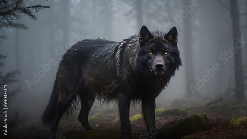  A high-definition shot of a black wolf emerging from a foggy forest, with the mist swirling around its form and its intense gaze piercing through the haze.  photo