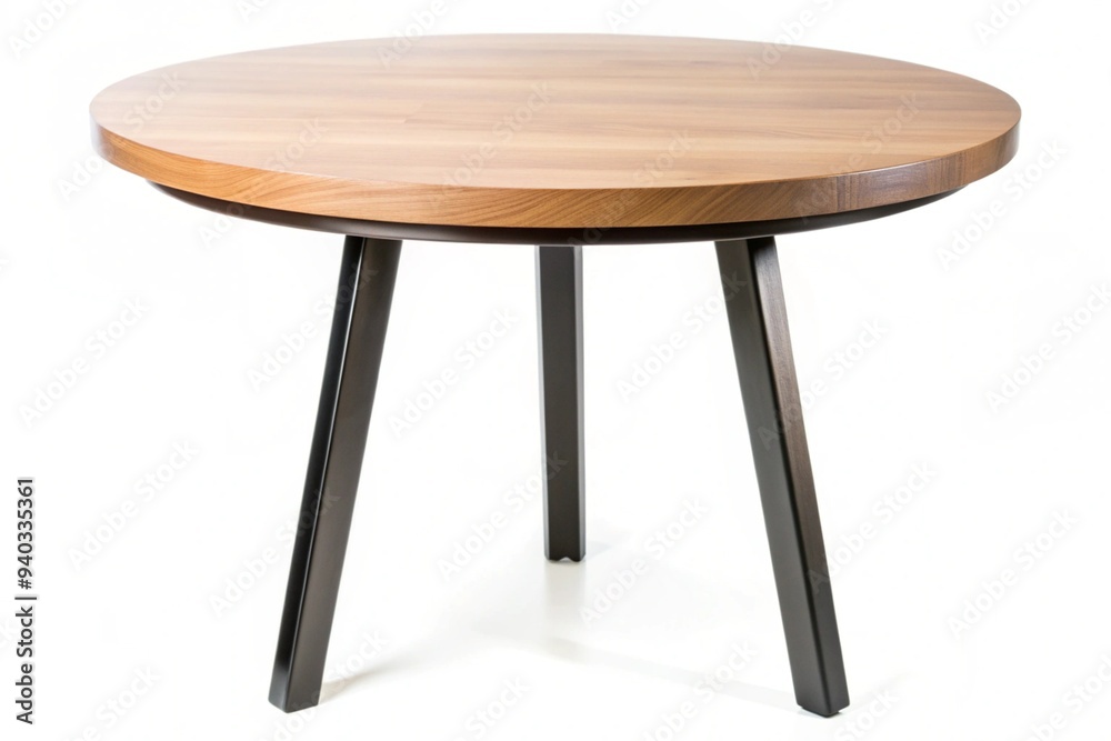 A wooden table with black legs and a round top A wooden table with black legs and a round top