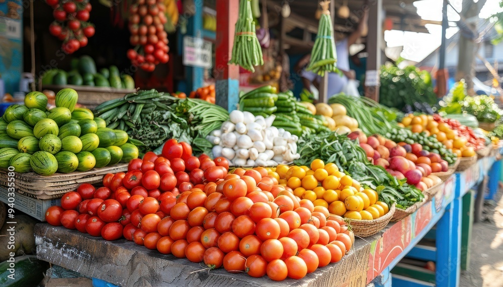 Vibrant assortment of fresh produce at a bustling outdoor market. Healthy eating and local produce concept. Vibrant assortment of fresh produce at a bustling outdoor market. Healthy eating and local produce concept.