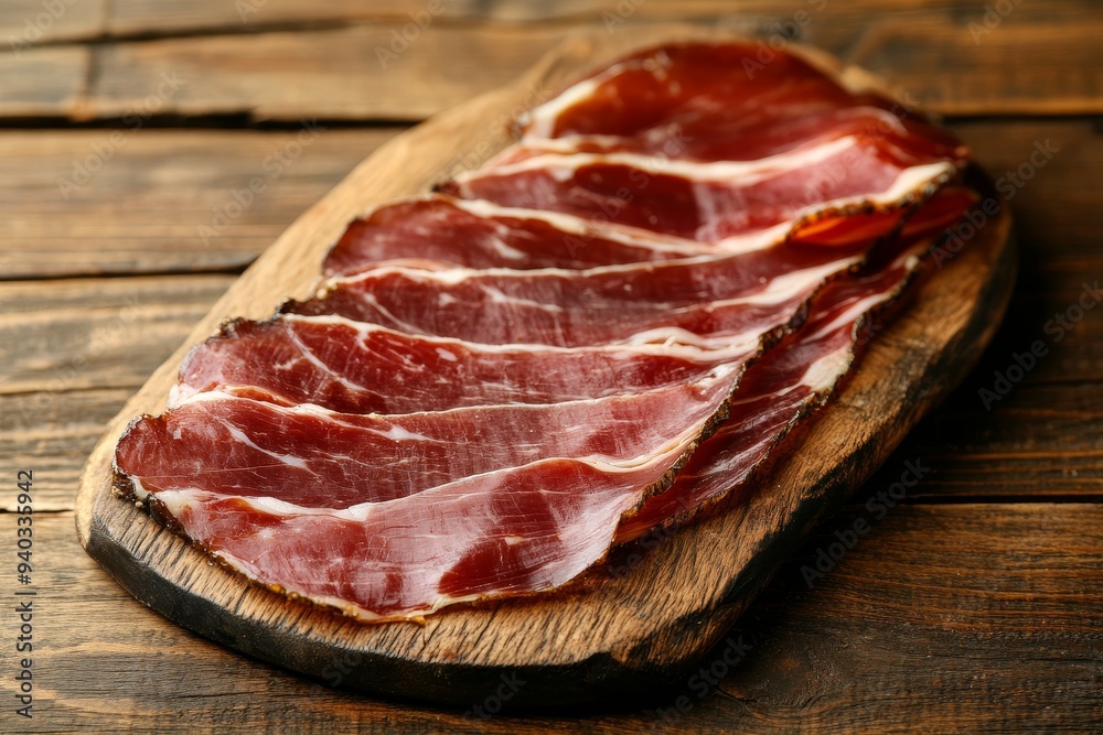 Close-up shot of thinly sliced Iberico ham arranged on a rustic wooden cutting board. The rich, red color and marbling of the ham are visible. A symbol of Spanish culinary tradition and quality. Close-up shot of thinly sliced Iberico ham arranged on a rustic wooden cutting board. The rich, red color and marbling of the ham are visible. A symbol of Spanish culinary tradition and quality.
