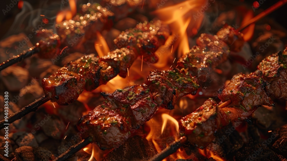 Grilled skewers lying on a barbecue grill with hot coals over a small fire. AI generated images Grilled skewers lying on a barbecue grill with hot coals over a small fire. AI generated images