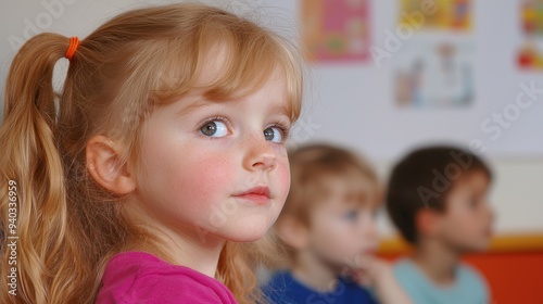 Sharp Focus on a Young Girl in a Classroom Setting; Kids Blurred in Background