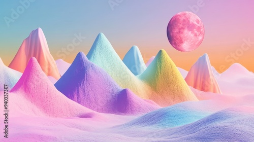 This surreal landscape features a pink moon shining over a range of mountains with pastel colours. The scene evokes a sense of otherworldliness, tranquility, and wonder.  The pink moon symbolizes drea photo