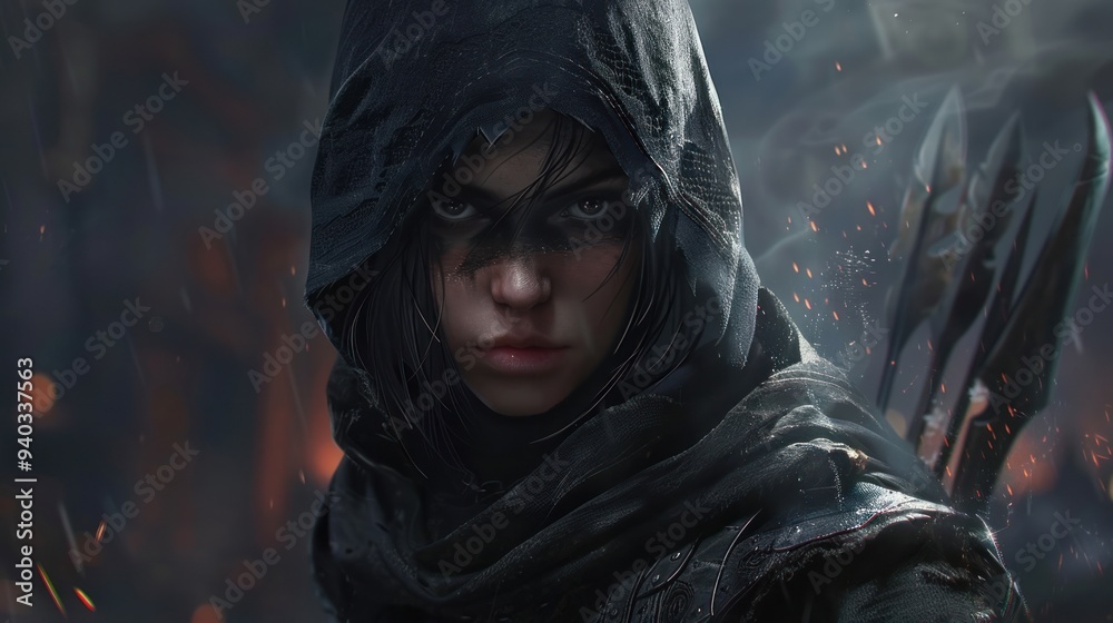 Female assassin with sharp gaze, AI generated image Female assassin with sharp gaze, AI generated image