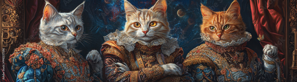 Fototapeta premium Three cats dressed in Renaissance attire, each with a unique personality and expression. The cats are posed against a whimsical backdrop of swirling stars and celestial bodies, symbolizing their royal