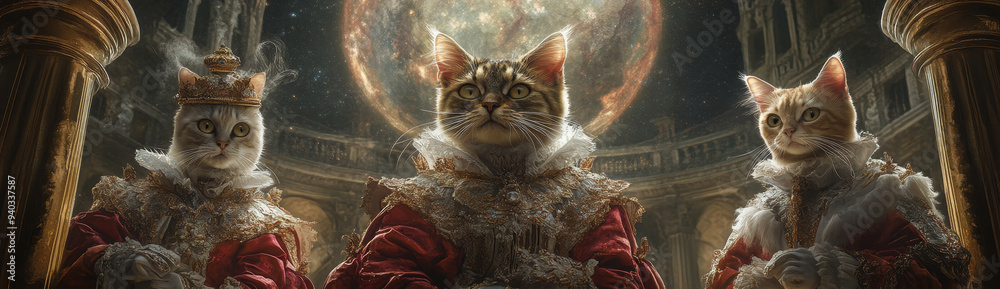 Fototapeta Three cats dressed in Renaissance-style clothing, with a crown on their heads, are posing for a portrait. They are standing in a grand hall with columns and a golden light. The cats are looking at the