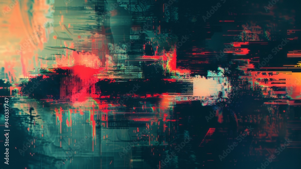 Fototapeta premium Digital glitch frame with pixelated screen display error, abstract distorted background with vibrant rgb noise and static interference, perfect for tech themes, cyberpunk concepts, and futuristic visu