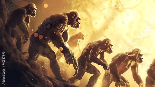 Digital illustration depicting a group of apes walking forward in a golden light, symbolizing the evolution of humankind. photo