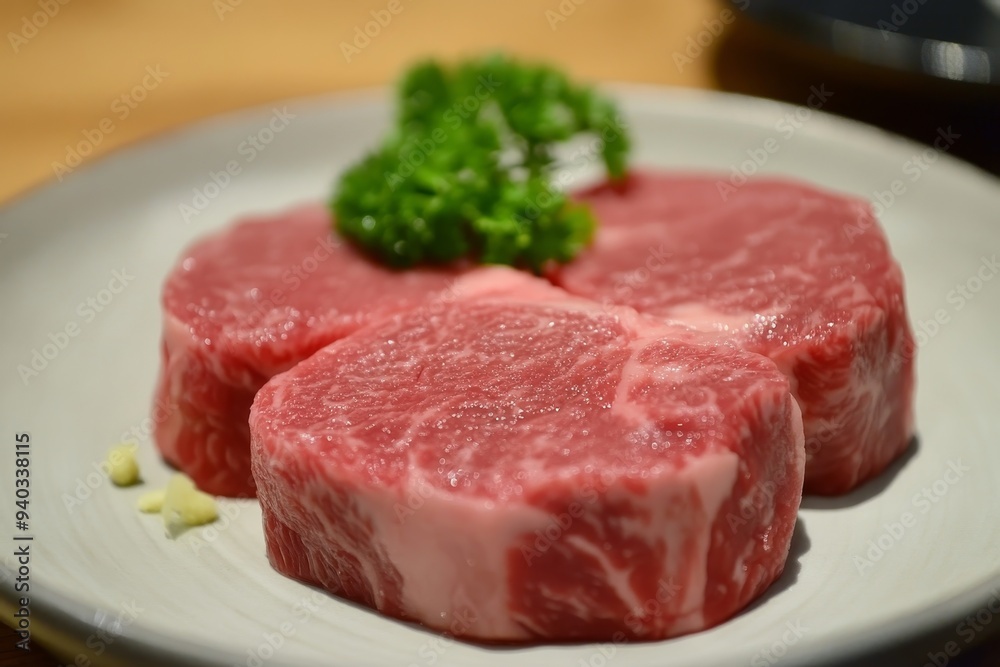 Three slices of premium Kobe beef, a Japanese Wagyu steak, are arranged on a white plate, ready for grilling. The marbling of the meat is a hallmark of Kobe beef, creating a tender and flavorful dinin Three slices of premium Kobe beef, a Japanese Wagyu steak, are arranged on a white plate, ready for grilling. The marbling of the meat is a hallmark of Kobe beef, creating a tender and flavorful dinin