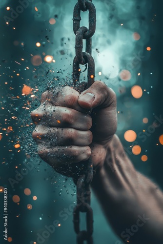 A fist punching through a thick chain, with sparks and debris flying everywhere The image captures the strength photo