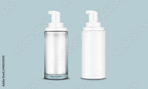 Mockup of white opaque plastic and transparent glass cosmetic bottle with pump cap. Realistic 3d vector illustration set of liquid body and face care gel or lotion container or jar with dispenser.