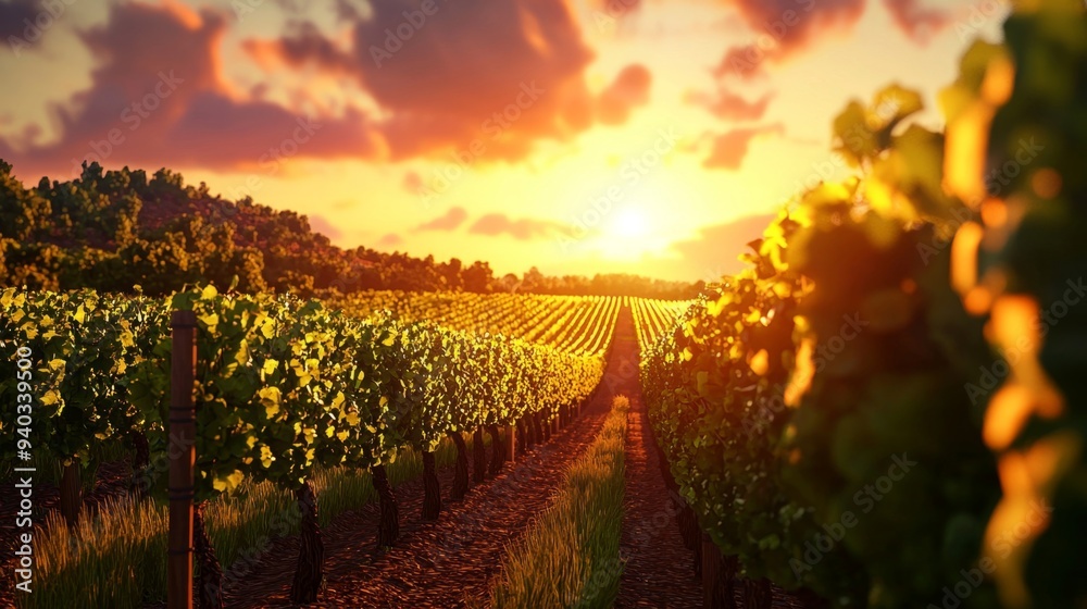 Fototapeta premium Sunset over a vineyard