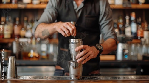 Skilled Bartender: Behind the bar, he shakes a cocktail in a metal shaker with practiced ease, his confident smile reflecting his smooth and efficient movements.
 photo