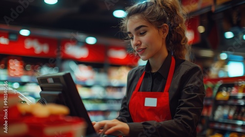 Polite Cashier: The cashier, in a store uniform, rings up groceries swiftly at the register, her polite interaction with customers adding a friendly touch to the service.
 photo