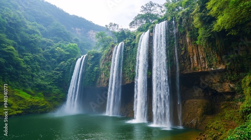A serene waterfall cascading into a tranquil pool, surrounded by lush greenery and misty mountains, perfect for nature lovers.