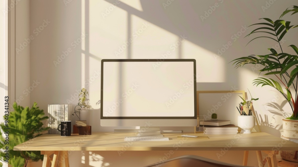 Modern home office interior with computer desktop, minimalist workspace setup featuring a framed picture, green plant in vase, and organized desk, ideal for productivity, remote work environments, and