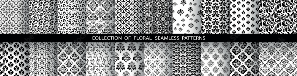 Geometric floral set of seamless patterns. White and black vector backgrounds. Damask graphic ornaments. Geometric floral set of seamless patterns. White and black vector backgrounds. Damask graphic ornaments.