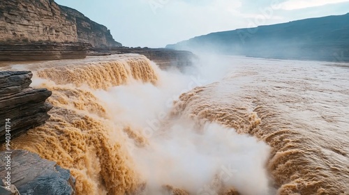 A breathtaking view of a powerful waterfall cascading down rocky cliffs, surrounded by mist and dramatic landscapes. photo