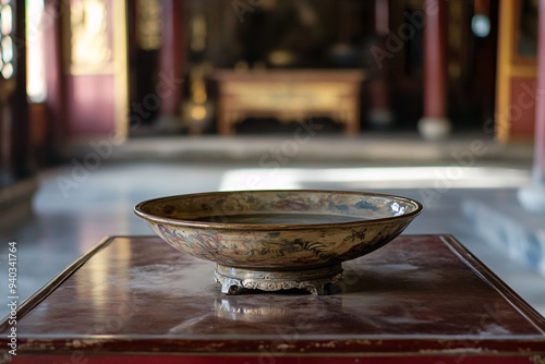 A beautifully crafted metal bowl resting on a wooden table in a tranquil, traditional indoor setting.