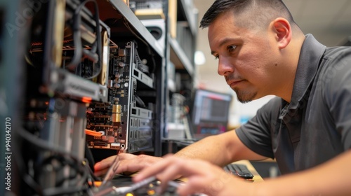 Tech Specialist: The IT technician, seated at his desk, meticulously replaces computer components, his tools arranged neatly, ensuring efficient and accurate repairs.
