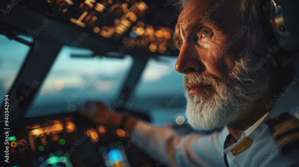 Pilot With Instruments Pilot in Command: Wearing a pilot’s uniform, he confidently sits in the ...