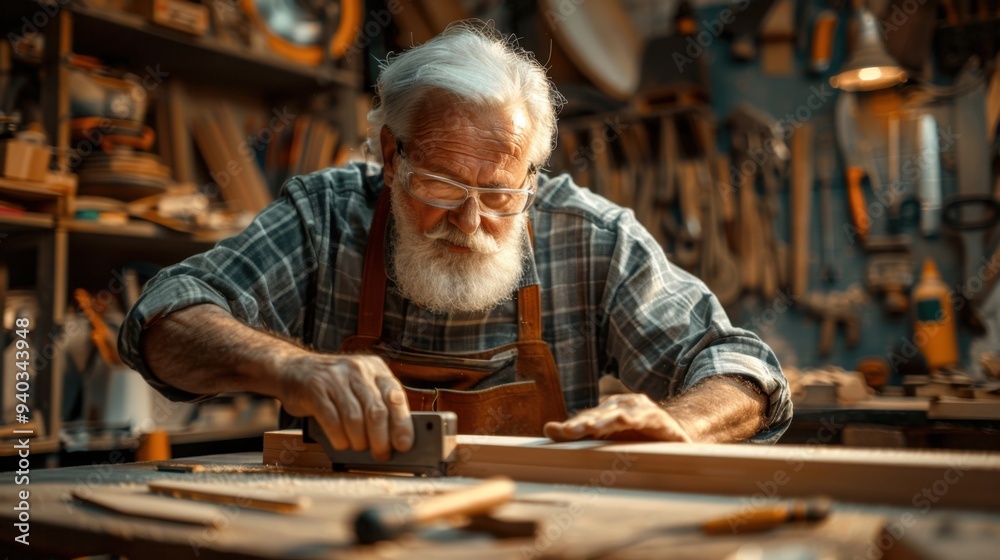 Cabinet Maker: The carpenter, with years of experience, measures and saws wood meticulously for a wooden cabinet, his face showing dedication to the craft.
Cabinet Maker: The carpenter, with years of experience, measures and saws wood meticulously for a wooden cabinet, his face showing dedication to the craft.