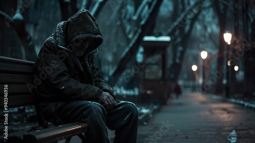 A heart-wrenching shot of the man curled up on a bench in a shadowy park, his worn-out clothes and gaunt frame highlighting his dire situation.