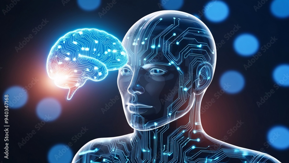 AI Driven Human Brain Illustration with Deep Learning and Circuit Board Imagery AI Driven Human Brain Illustration with Deep Learning and Circuit Board Imagery