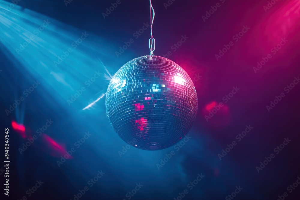 Obraz premium disco ball with mirror surface and bright rays, hanging on ceiling, night party background , ai