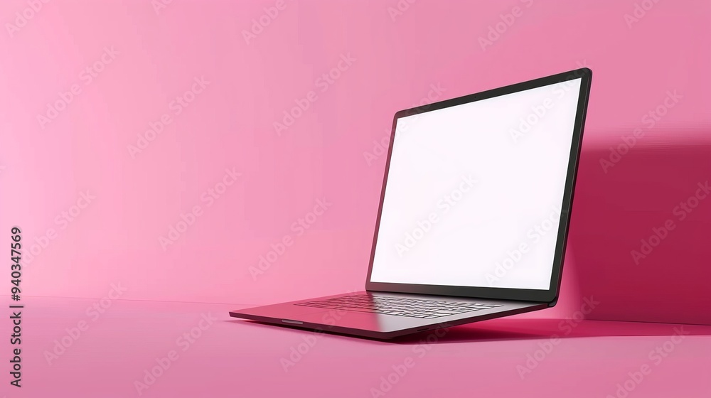 Floating laptop computer mockup with blank white screen isolated on vibrant pink background – levitating modern notebook with shadow for technology presentations, website design, and digital marketing Floating laptop computer mockup with blank white screen isolated on vibrant pink background – levitating modern notebook with shadow for technology presentations, website design, and digital marketing
