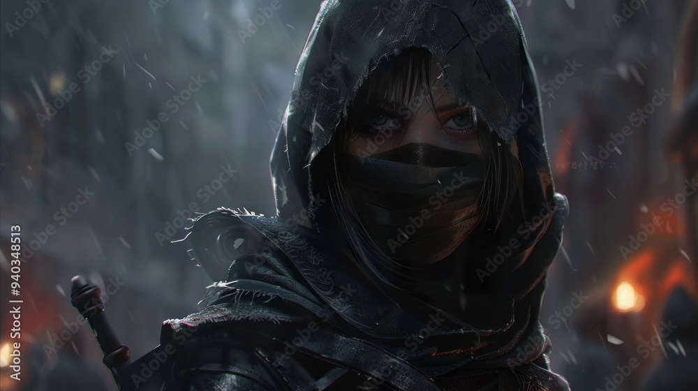 Female assassin with sharp gaze, AI generated image Female assassin with sharp gaze, AI generated image