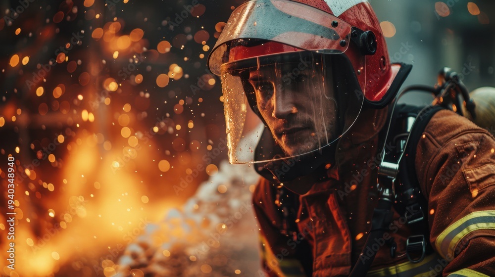 Firefighting Duty: Dressed in a full suit and helmet, the firefighter handles a hose, spraying water at a burning building, his expression resolute as he works with his team to control the fire.
Firefighting Duty: Dressed in a full suit and helmet, the firefighter handles a hose, spraying water at a burning building, his expression resolute as he works with his team to control the fire.