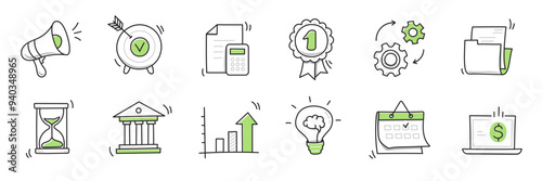 Hand drawn doodle business, money icon set. Finance, money, marketing sketch drawn cute trendy line doodle icon. Business bank, finance calculator, economic goal elements. Vector illustration