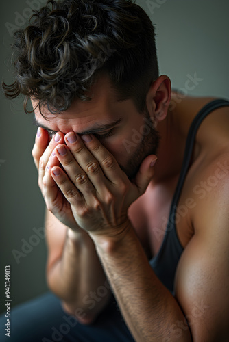 A man with curly hair and a muscular build sits with his hands covering his face, expressing deep sadness or stress, conveying a powerful emotional moment