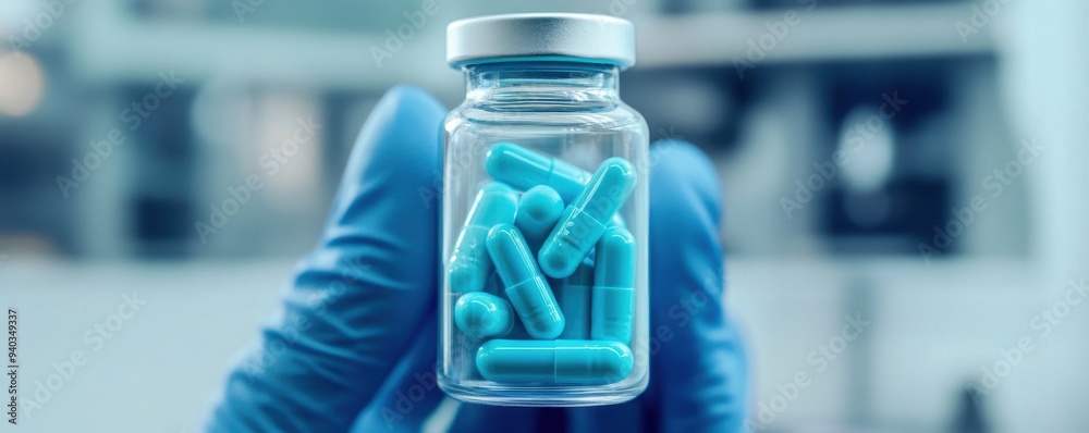 A close-up of a hand holding a clear bottle filled with turquoise capsules, showcasing modern pharmaceutical innovation. A close-up of a hand holding a clear bottle filled with turquoise capsules, showcasing modern pharmaceutical innovation.