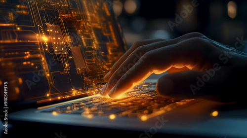 Glowing Circuit Board Overlay/ The software engineer's hand is shown typing on a laptop, with a glowing circuit board overlaying the image. The circuit board's light pulses in sync with the keystrokes