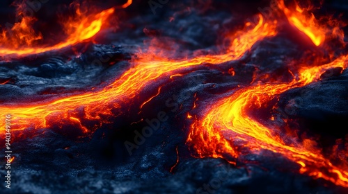 Molten Lava Flowing on Dark Volcanic Rock