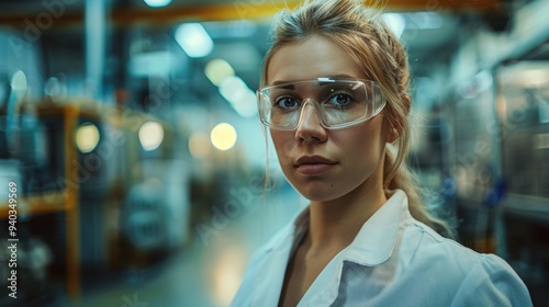 Production Oversight: Factory supervisor, wearing safety goggles and holding a clipboard, walks through the production floor, checking machinery and workers' performance.

