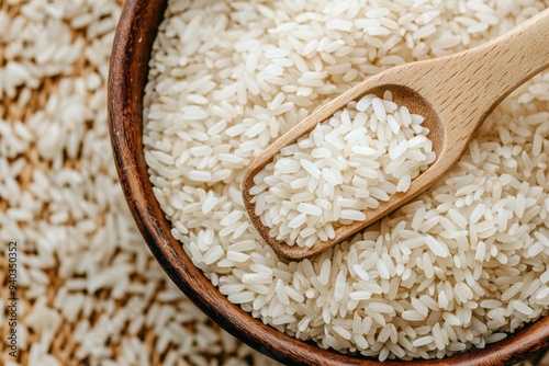 Close-up of White Rice Grains in a Wooden Bowl with a Wooden Spoon photo