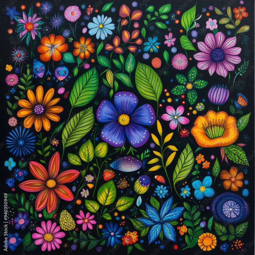 Vibrant Floral Pattern on Black Background Vibrant Floral Pattern on Black Background