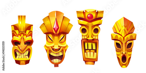 Golden tiki mask with pink gem stones. Cartoon vector set of tribal traditional ritual totem statue head with funny and scarry faces. gold jewel ancient culture treasure for Hawaiian design.